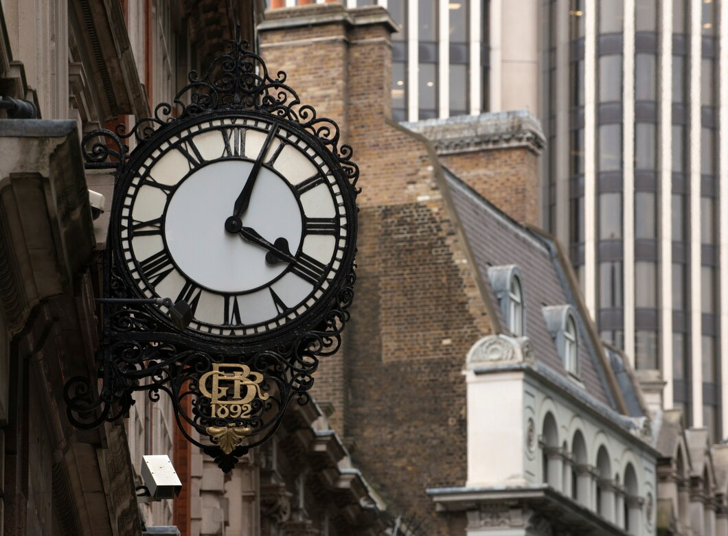 A clock mounted on the side of a building, displaying the time prominently against the architectural backdrop